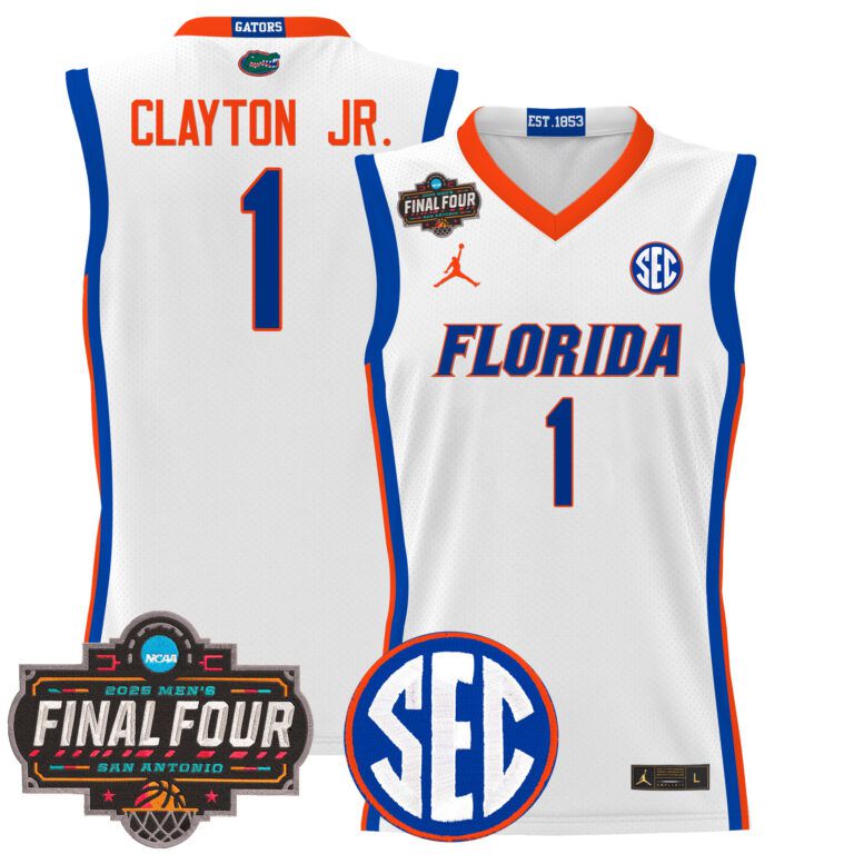 Men Florida Gators #1 Clayton Jr white 2025 Final Four Patch NCAA Jerseys